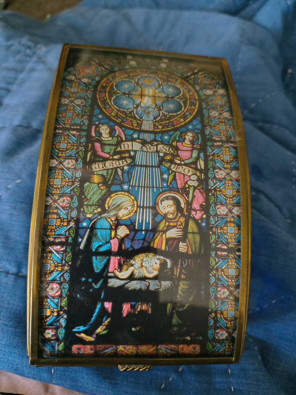 Brass And Stained Glass Nativity Trinket Box in Blue and Gold